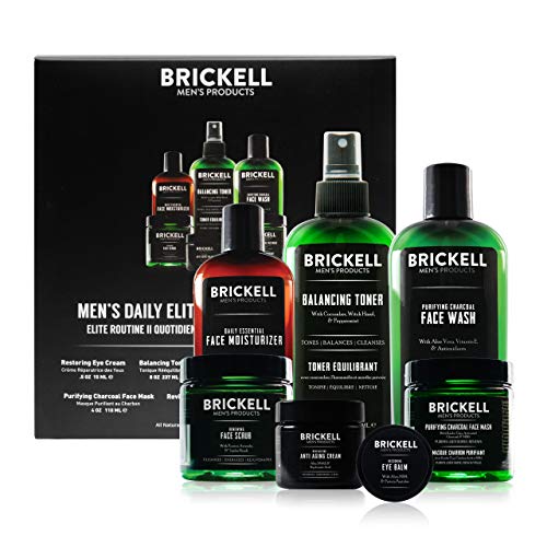 Brickell Men's Daily Elite Face Care Rotina II, toner, lavagem facial de carvão, esfoliação facial, creme noturno antienvelhecimento, creme para os olhos, máscara de carvão e hidratante, natural e orgânico, perfumado