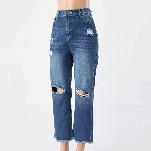 Women Casual Spring Summer Summer rasgado jeans reto lavado azul escuro Pocket Pocket Jeans Jeans Jean's Pantry Pantry