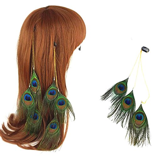 3 PCs Mulheres Lady Lady Made Bohemian Style Bohemian Custom Peacock Feather Extensions CLIPE Ornamentos de pente de pente