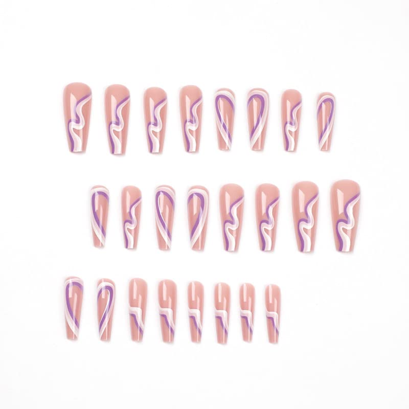 24 PCS Shape de caixão Pressione unhas, comprimento médio com rosa Purple Branco Francês Designs FRANCES