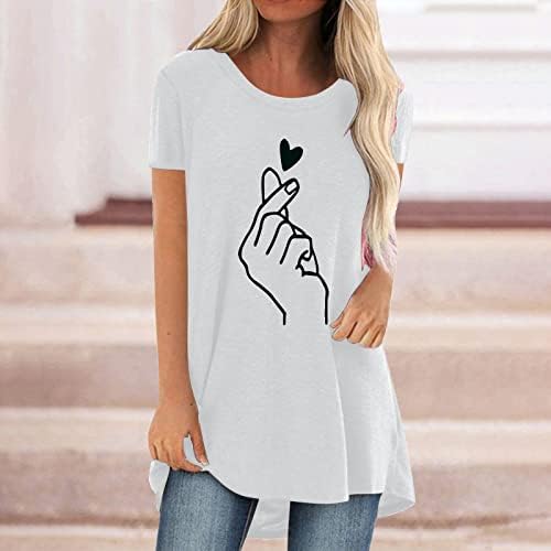 Túnica de túnica plus size para mulheres de manga curta Sorto gráfico do coração Tops Crew pescoço de túnica casual blusas camisetas