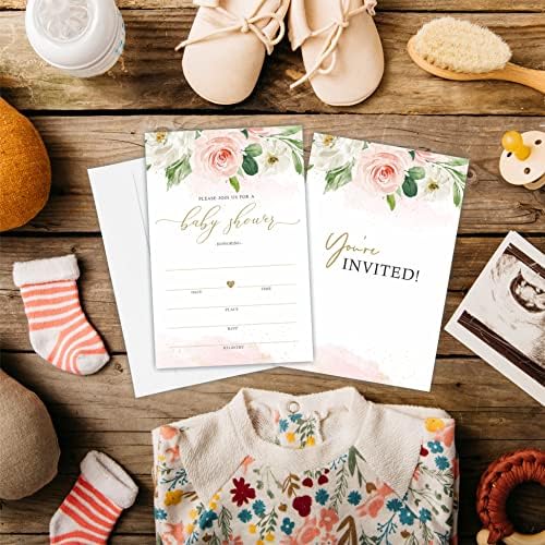 Convites de chá de bebê com tema floral, 25 preenchimento de flores em aquarela - em cartões de convite com envelopes -