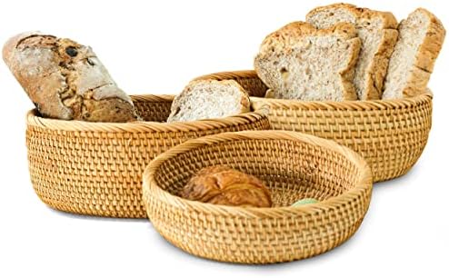 Conjunto de tkkdecor 3 cestas de vime redonda Conjunto para organizar - cesta de armazenamento de vime de pão que serve cestas