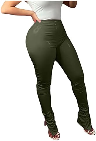 Mulheres calças de cintura alta elástico elástico calças de couro falso de cor sólida