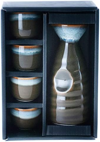 Hinomaru Collection Glazes Reactive Sake Set Set Tokkuri 10 fl oz garrafa com quatro copos de saquê 2 fl oz