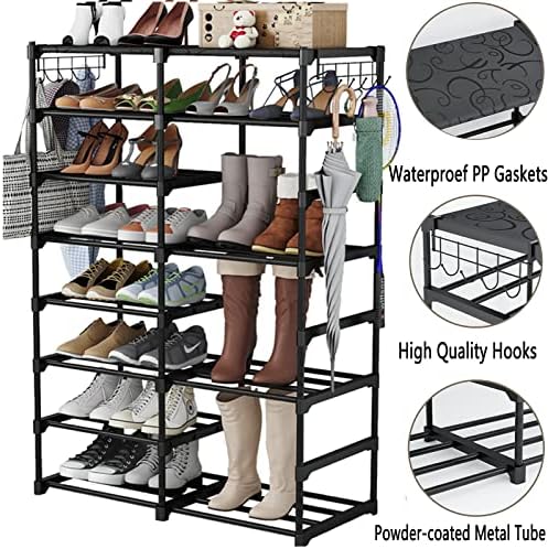 Kottwca 8 camadas Organizador de armazenamento de sapatos para cena para entrada de 26 a 30 pares de sapatos e botas, armário de prateleiras de metal com calçados com ganchos versáteis de madeira para quarto preto preto