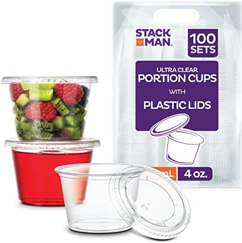 Mini copos de suflê de plástico descartáveis ​​com tampas [4 oz - 100 contagem] Jello tiro xícaras, geleia -o de xícaras de porção,