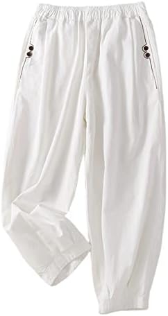 Calças de linho de algodão feminino Moda de verão Solides bordados de botão elástico Coloque casual calças simples com bolsos