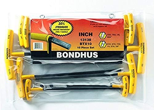 Bondhus 13138 Conjunto de 10 Balldriver e Handles T Hex, tamanhos 3/32-3/8 polegadas
