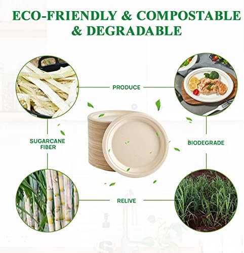 Vplus 150 Placas de papel de embalagem 9 polegadas Placas compostáveis ​​Placas de papel descartáveis ​​para serviços pesados ​​Bagasse Bagasse Biodegradable Eco-Friendly Placas de cana-de-açúcar