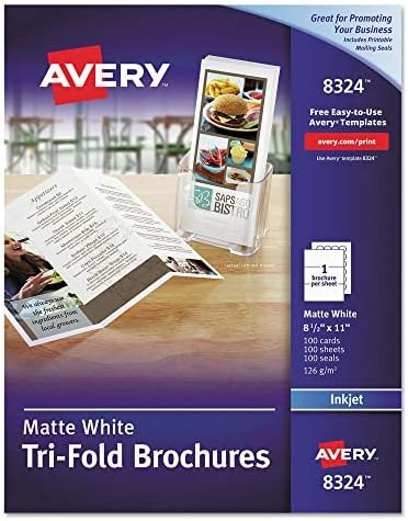 Avery Tri-Fold Brochures para impressoras a jato de tinta, 8 1/2 x 11, branco fosco, 100 folhas/caixa