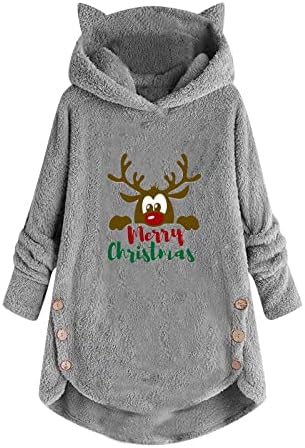 Plush Pullover Tops da mulher Impressão de Natal Capinho de gato Capuz de capuz de mangas compridas casaco de moletom casual com capuz