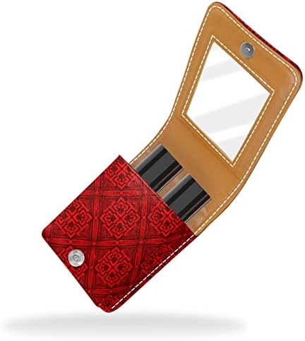 Resumo Antecedentes florais Red Case pequena de batom com espelho para bolsa, suporte de maquiagem cosmética de couro durável,