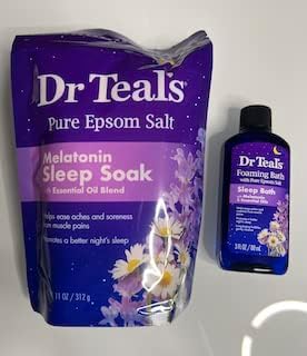 Banho de sono do Dr. Teal Epsom Salt e banho de espuma com melatonina e óleos essenciais, conjunto de viagens de 2 peças 11oz. Saco de sais de banho e garrafa de 3 onças de banho de espuma