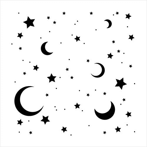 Lua e estrelas estêncil por Studior12 | Padrão de céu noturno sonhador | Mídia mista de tinta artesanal | Modelo mylar | Decoração