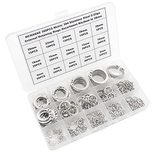 MCMASKE 380PCS METRIC 4MM-28MM 304 AÇO INONDENDENDENC CLIPS CLIPS EXTERNAL RETING RINGS KIT