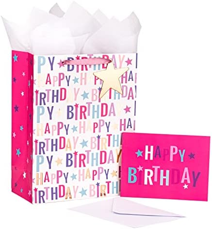 Lezakaa 13 Bolsa de presente de aniversário, bolsa de presente médio rosa com papel de seda, etiqueta de presente e cartão - Lettering feliz com folha rosa