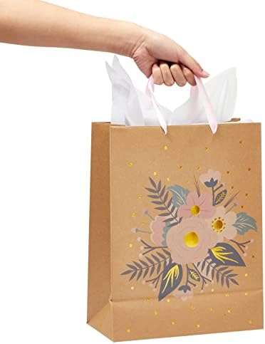 Juvale 12 Pack Kraft Paper Floral Presente Sacos com alças de fita + 20 folhas papel de lençóis para chuveiro de noiva, festa de chá,