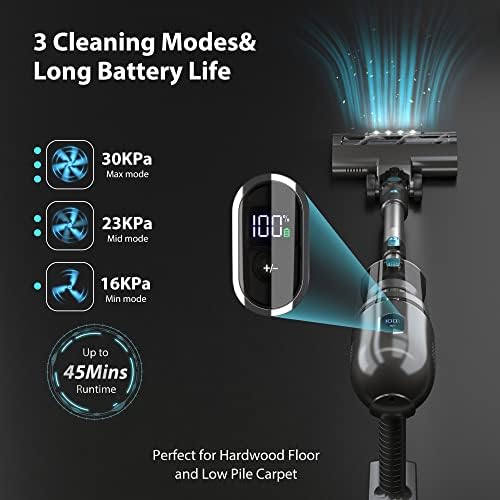 PrettyCare sem fio sem fio, pó de 30kpa poderoso vácuo com motor sem escova, exibição de toque LED, 45 minutos de tempo