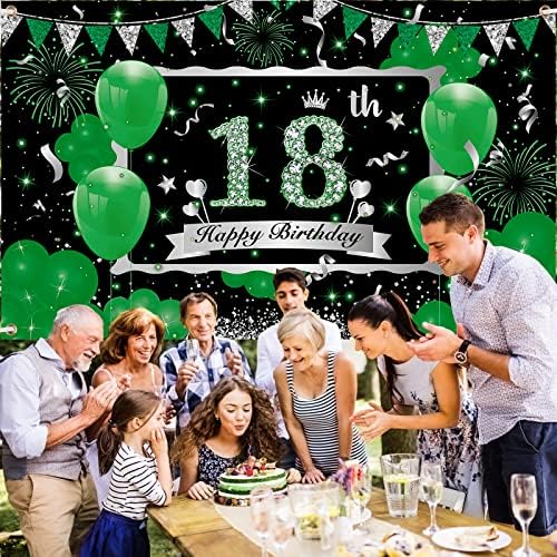 Decorações verdes de banner de 18 anos de 18º aniversário para meninos meninas grandes prata verde Feliz aniversário de 18º aniversário