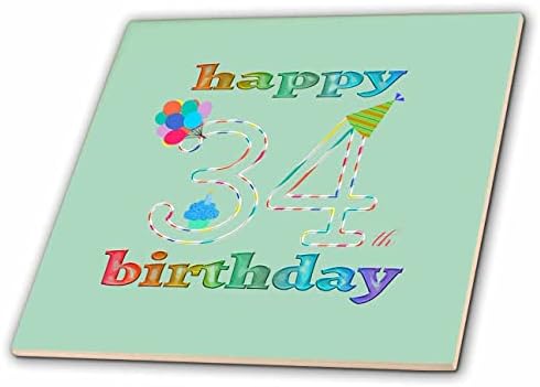 3drose feliz 34º aniversário, cupcake com vela, balões, chapéu, colorido - azulejos