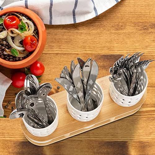 Lawei 3 peças Caddy de talheres de cerâmica com base de bambu, organizador de armazenamento de talheres de caddy de talheres para garfos, colheres, facas, ferramenta de utensílio Crock com orifícios de drenagem para cozinha, armário ou despensa