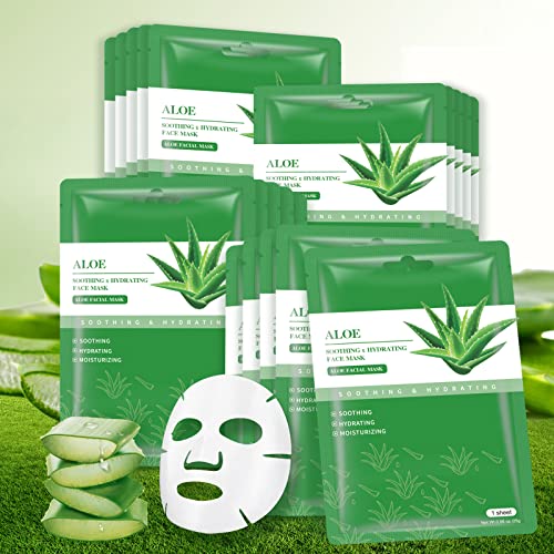 Yafusipe 20 pcs Hidrating Sheet Mask 10 PCs Aloe Vera Máscara Face Máscara Cuidados com a pele e 10 PCs Vitamina C Máscara facial