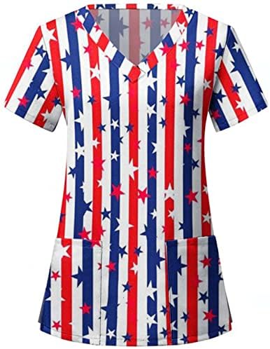 Camiseta de bandeira dos EUA para mulheres 4 de julho de verão Manga curta V camise