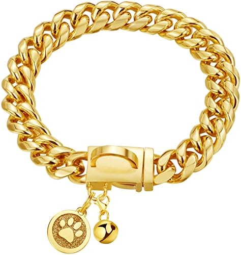 IDOFAS Chain Collar Dog Collar 14mm Gold Cuban Link Dog Collar com fivela de fivela de 18k Gold de aço inoxidável colares de cachorrinho