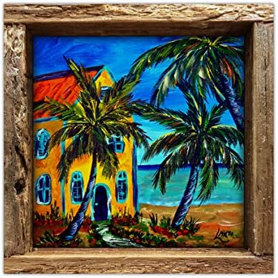 Artcafe | Vivendo no paraíso | Impressão de arte original em um azulejo de cerâmica brilhante de 4,25 x 4,25 emoldurado em quadro de