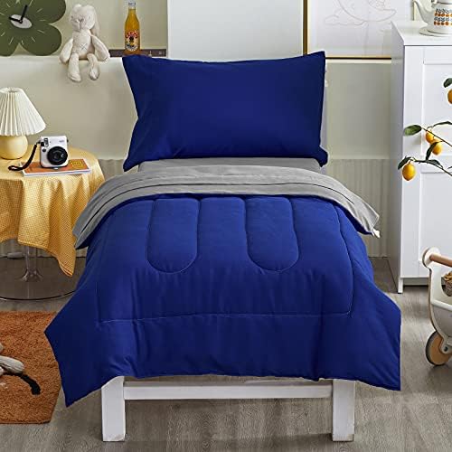 Uozzi Bedding 4 peças Casas de cama para criança Conjunto de lençóis Ultra Soft and Breathable Criança - Inclui Consolador, Folha plana, Folha de Folha e Prophcase - Royal Blue & Grey