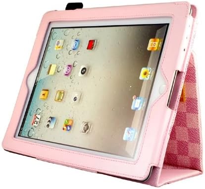 Caseen Cherry Pink Plaid Genuine Leather Smart Case com função de suporte para iPad 2 CS-80068