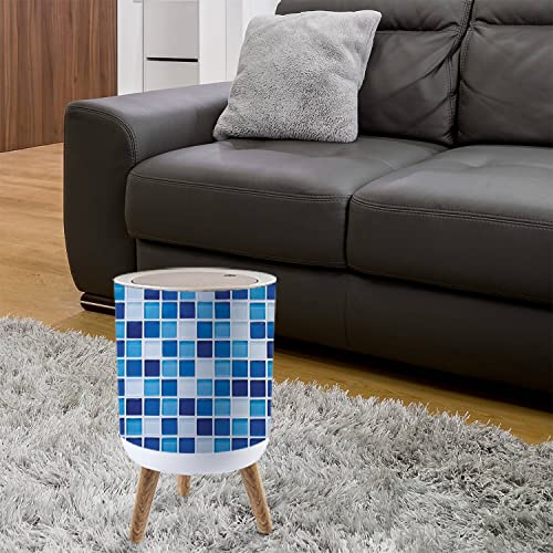 Pequena lata de lixo com mosaico azul de tampa de lixo redondo de 7 litros lata de lata de elasticidade da prensa