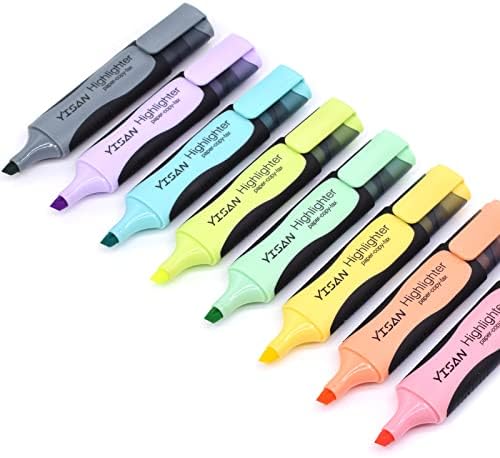 Yisan Highlighters, 8 cores pastel, canetas de marcador de ponta de cinzel, base de água, seca rápida para a escola,