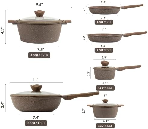 Conjuntos de utensílios de panelas não estacionamentos carote, 10 PCs Pots e panelas Conjunto antiaderente e saudável Indução de panela de pedra Granito de cozinha de cozinha Conjunto de cozinha com frigideira e panela, PFOs, PFOA grátis