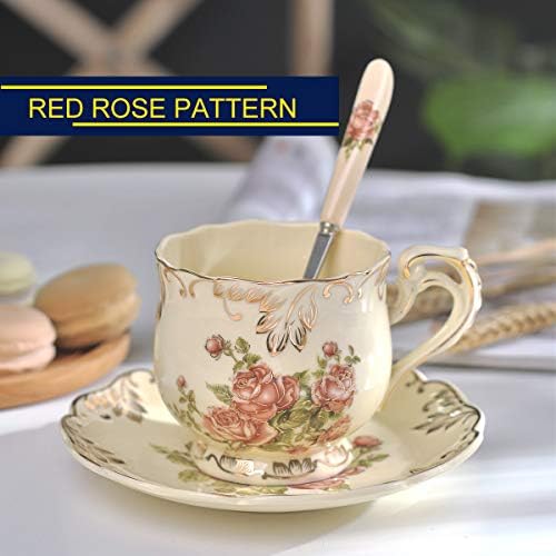 Cup de rosa Yolife e pires, 8 oz de chá de chá de marfim de cerâmica com colher vintage de chá floral para mulheres