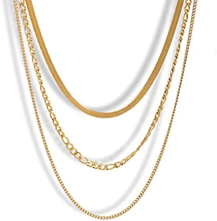Elegância 11 Designs 14K Real Gold Bated Gold Non-Tarnish Camadas Chave de aranha Figaro Chain Stainless Steel Flat Chain Chain Gold Colares Set for Women Girls