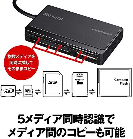 Buffalo BSCR508U2BK USB 2.0 Leitor de vários cartões, modelo de armazenamento de cabo compatível com UHS-I, preto