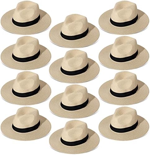 12 PCS Belt Sun Hat Sum Summer Brim Panamá chapéu de praia Fine Braid Travel Straw Hat for Women, Chaqui
