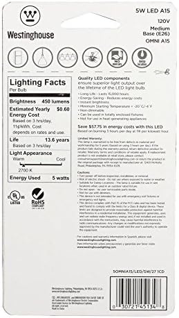 Iluminação Westinghouse 4513400 40 watts equivalente A15 Lâmpada LED branca macia com base média, 1 contagem