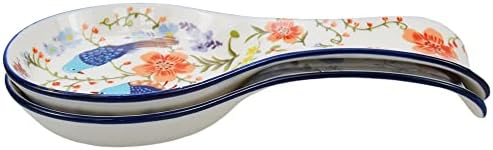 Conjunto de Sizikato de 2 Restos de colher de cerâmica, Conda de utensílios de 9 polegadas Rest para cozinha, padrão de flores e pássaros