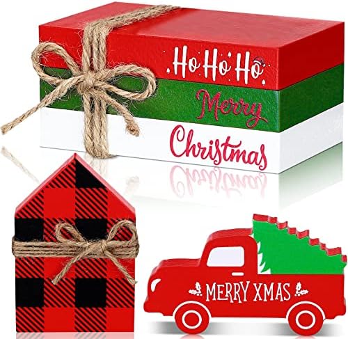 5 peças de Natal Decoração de bandeja em camadas 3 pacote de livros falsos com caminhão vermelho de barbante com mini