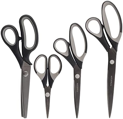 Bamboomn Titanium SoftGrip Scissors Conjunto - Pinking, costura, artes, artesanato, escritório - 3 conjuntos de 4 - preto com incrustações cinza