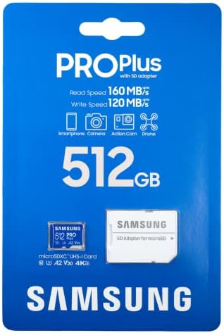 Samsung 512GB Pro Plus UHS-I MicroSDXC Memory Card com adaptador SD funciona com telefone, came de ação, drone-classe 10, U3,