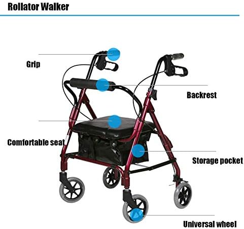 Walker, Walker Rollator dobrável leve com assento, freios trancados, alças ergonômicas e bolsa de transporte, mobilidade limitada Aid Outdoor