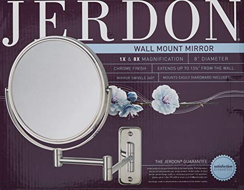 Jerdon JP7808C Espelho de maquiagem de montagem de parede de 8 polegadas com ampliação de 8x, acabamento cromado
