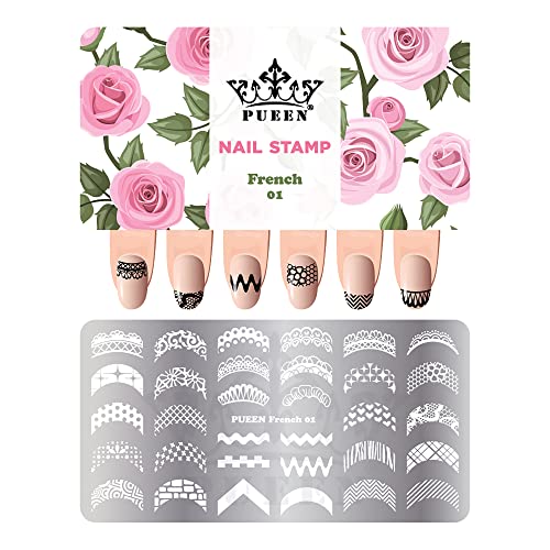 Placa de estampagem de unhas Pueen -French 01-125x65mm exclusivo de bosque de bosques de manicure de carimbo de prateleira de manicure Acessórios DIY -BH000916