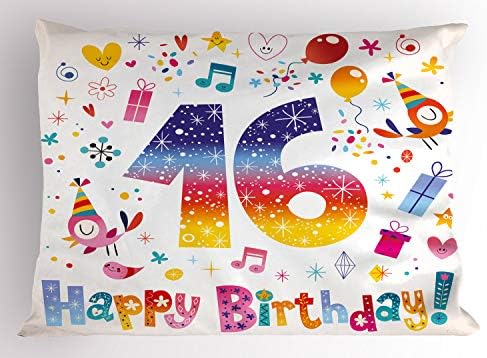 Ambsosonne, 16º aniversário, Sham, Teenage Celebration Motif Hearts Balloon Bird Box Stars Design, Passagem impressa em tamanho padrão decorativo, 26 x 20, multicolor