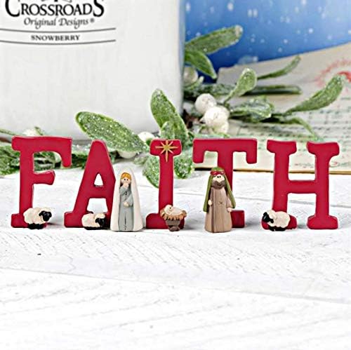 Blossom Bucket F-A-I-T-H Natividade Sagrada Família e Sheep Resin Decoração de Natal, 5 peças, 1,75 x 1,25 polegadas