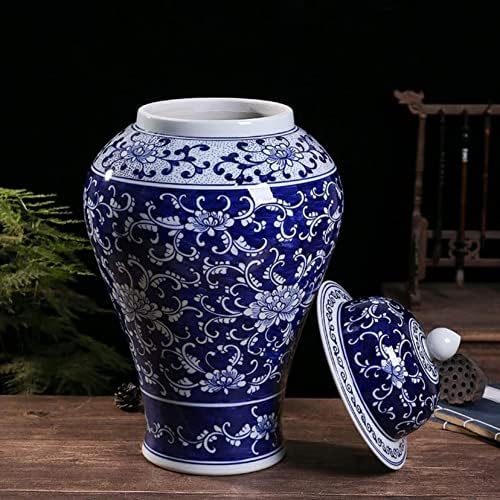Jarra de gengibre azul e branco chinês, jarro de templo pintado à mão, vasos de cerâmica chineses para a sala de estar decoração